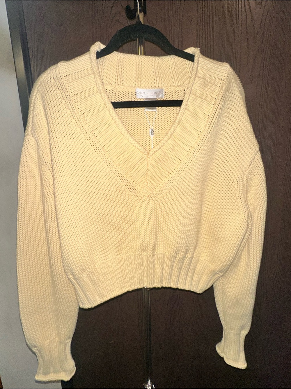 NWT Caroline Constas Pale Yellow V-Neck Cropped Knit Sweater